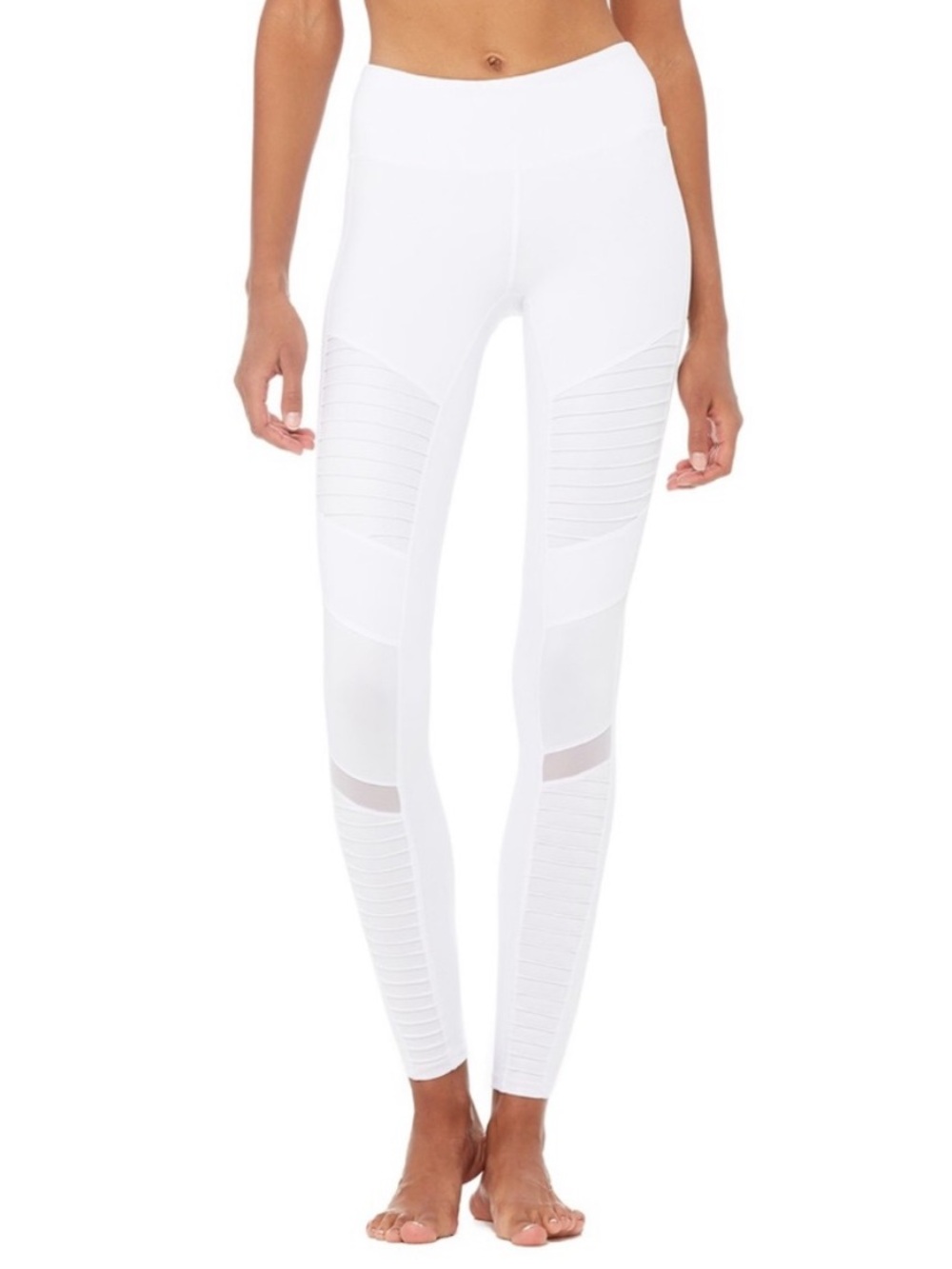 ALO Yoga White Moto Style High-Rise Mesh & Ribbed Panel Leggings Sz Med